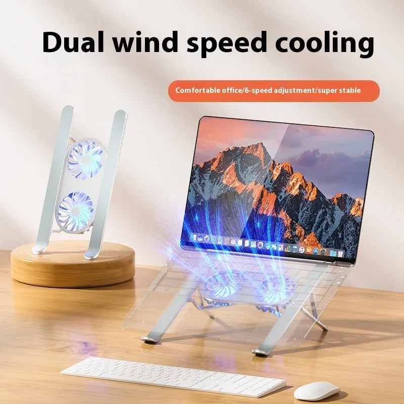 Silver aluminium laptop stand with twin cooling fans in folded position beside cloth storage bag