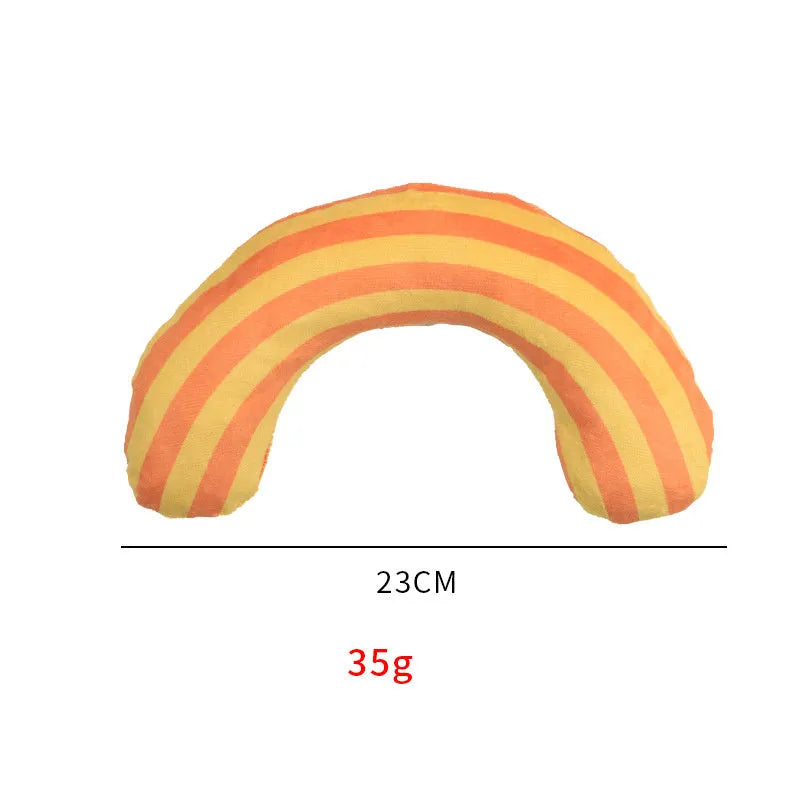 Striped pattern cat pillow toy with built-in catnip in green, rainbow, or yellow colours