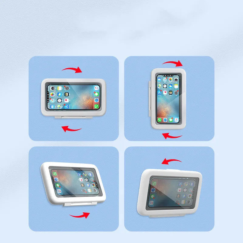 Waterproof phone holder showing anti-fog touchscreen window and universal phone compartment
