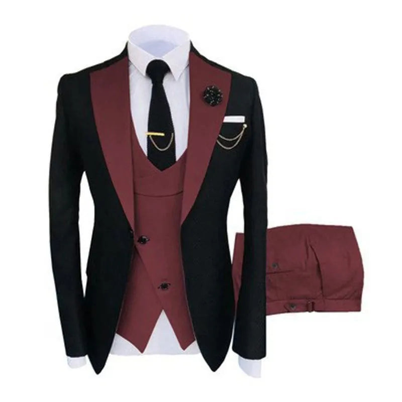 Men's slim fit cotton three-piece business suit with vest for formal occasions.