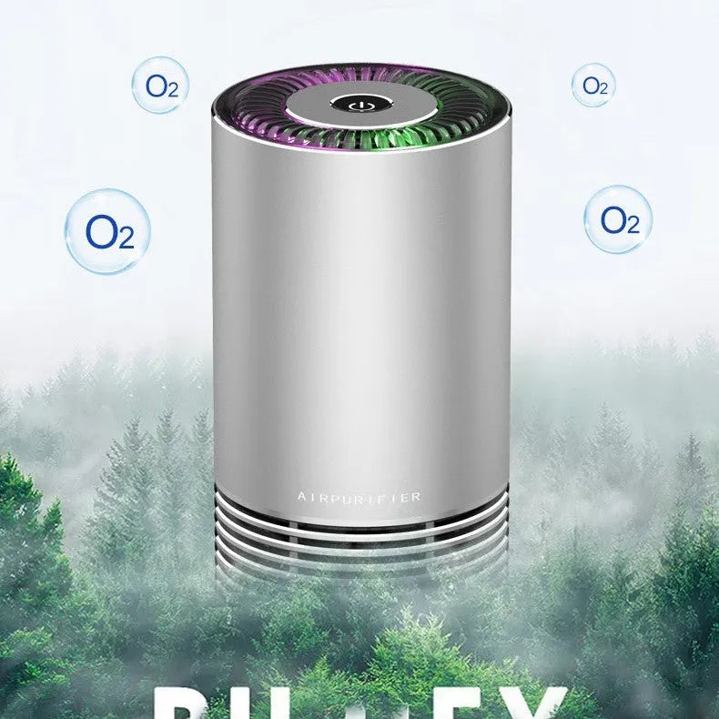 Compact black car and desktop air purifier with aluminium alloy case on a wooden desk.