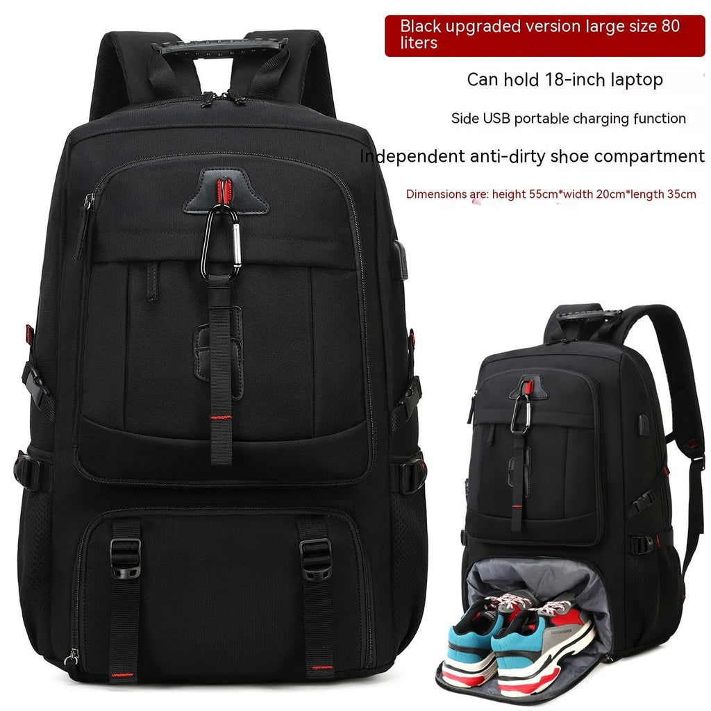 80L business travel backpack in black, Oxford cloth with composite cowhide, 55x20x35cm, USB interface