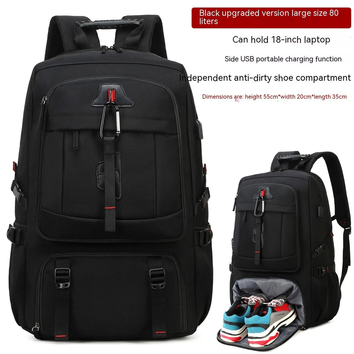 80L business travel backpack in black, Oxford cloth with composite cowhide, 55x20x35cm, USB interface