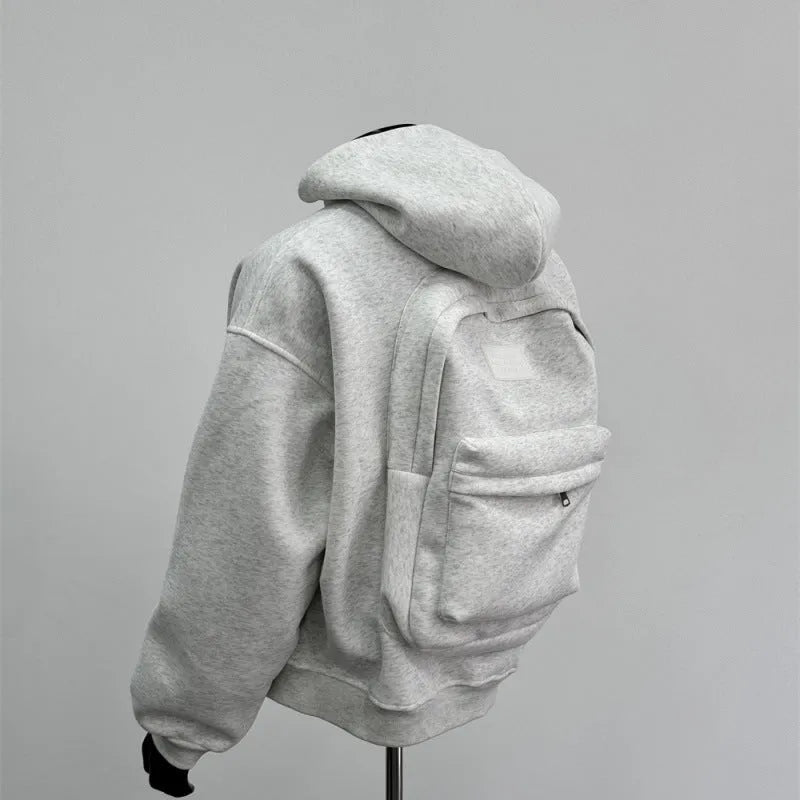 Men's hooded coat with back schoolbag design in light gray or black, polyester cotton blend, Asian sizes M to 4XL