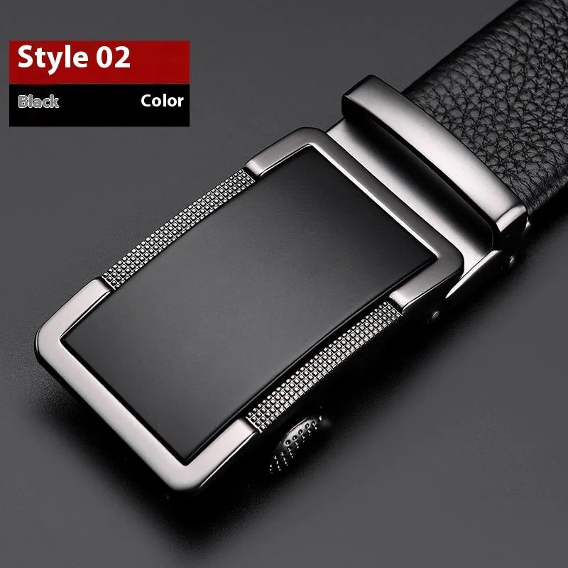 Men's leather belt with automatic buckle in gun black, silver or gold colours showing length sizing options