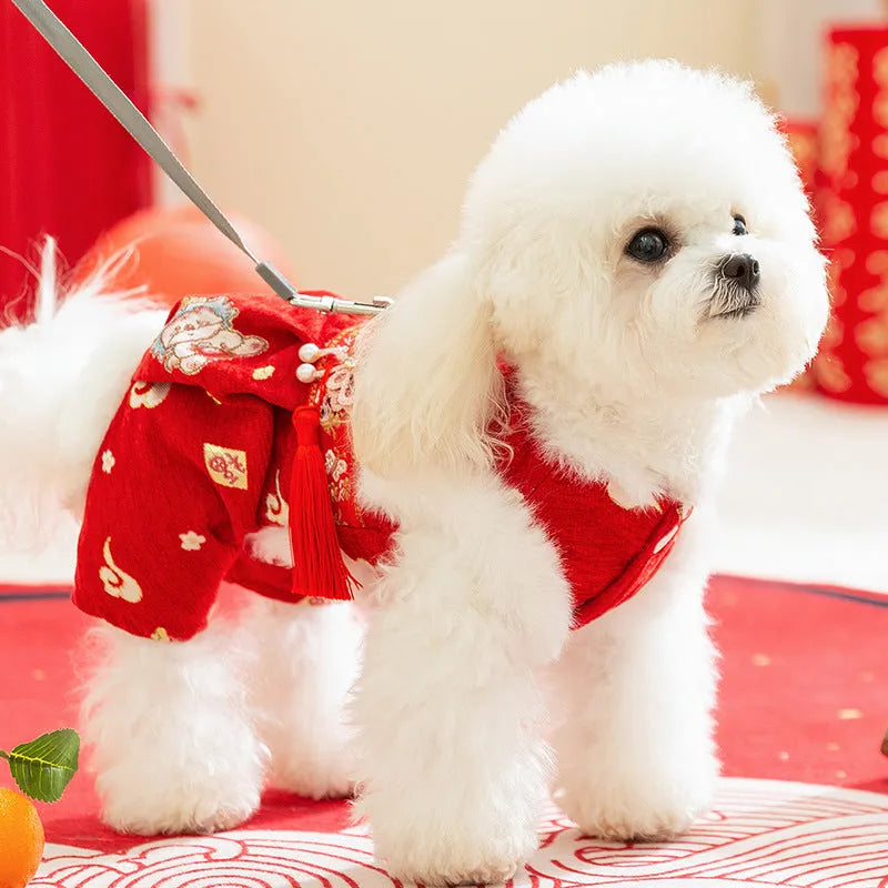 Red embroidered Tang suit for small dog with faux fur trim and tassels