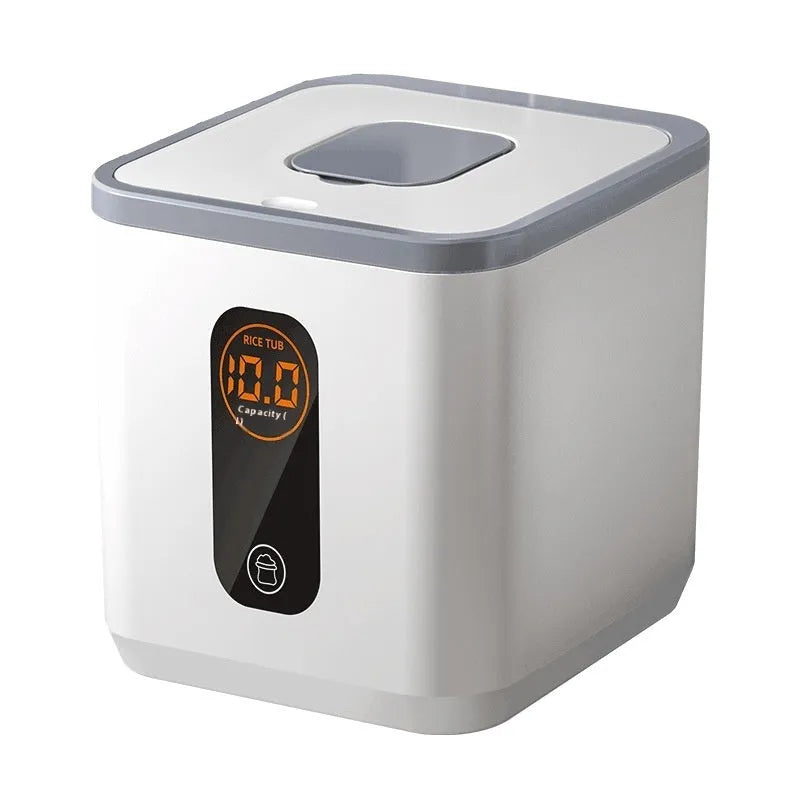 Grey plastic rice storage jar with a sealed lid and a measuring cup, shown in different sizes.