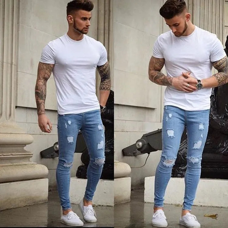 Frayed slim-fit polyester jeans in black, blue or navy blue, available in Asian sizes S to 3XL