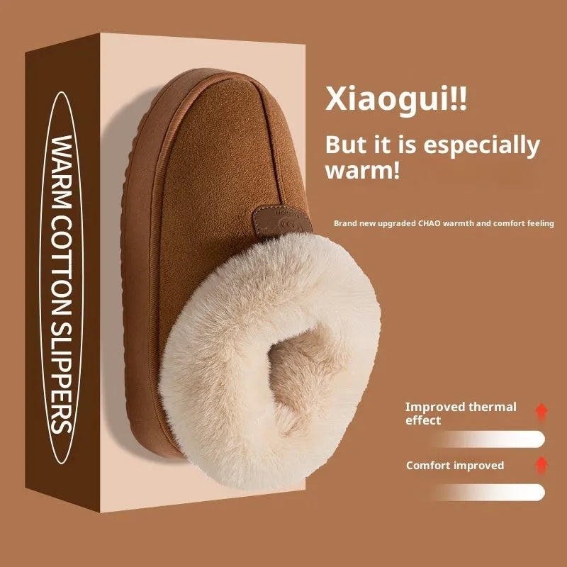 Women's cotton slippers with suede upper and bear logo heel cover in solid colour, round toe, casual style