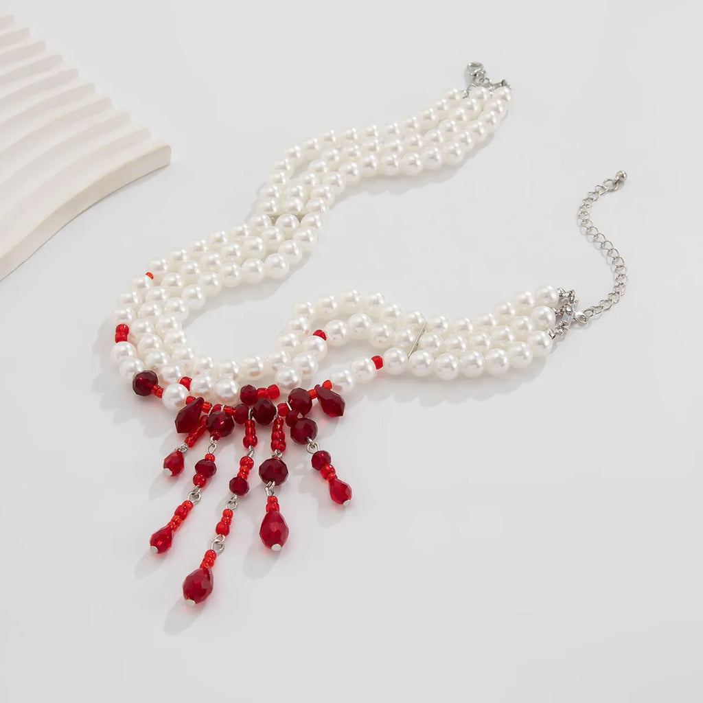 Halloween blood drop tassel necklace with geometric crystal pendant and pearl decoration on adjustable chain