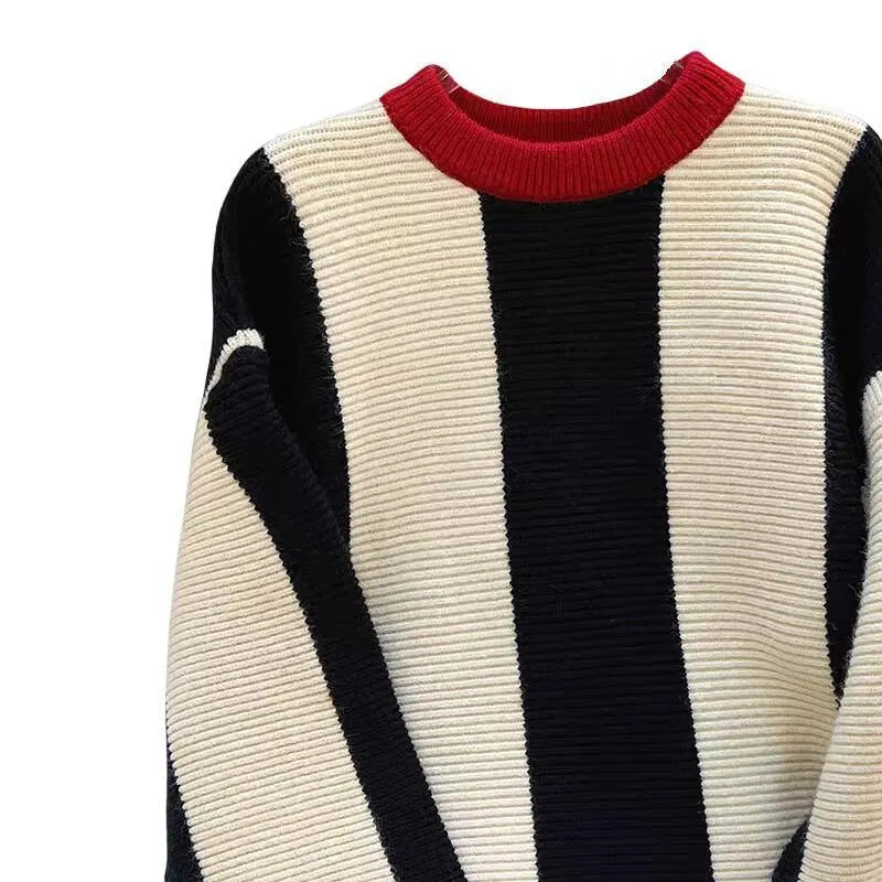 Women's striped wool knit sweater with contrast colour detailing and round neck