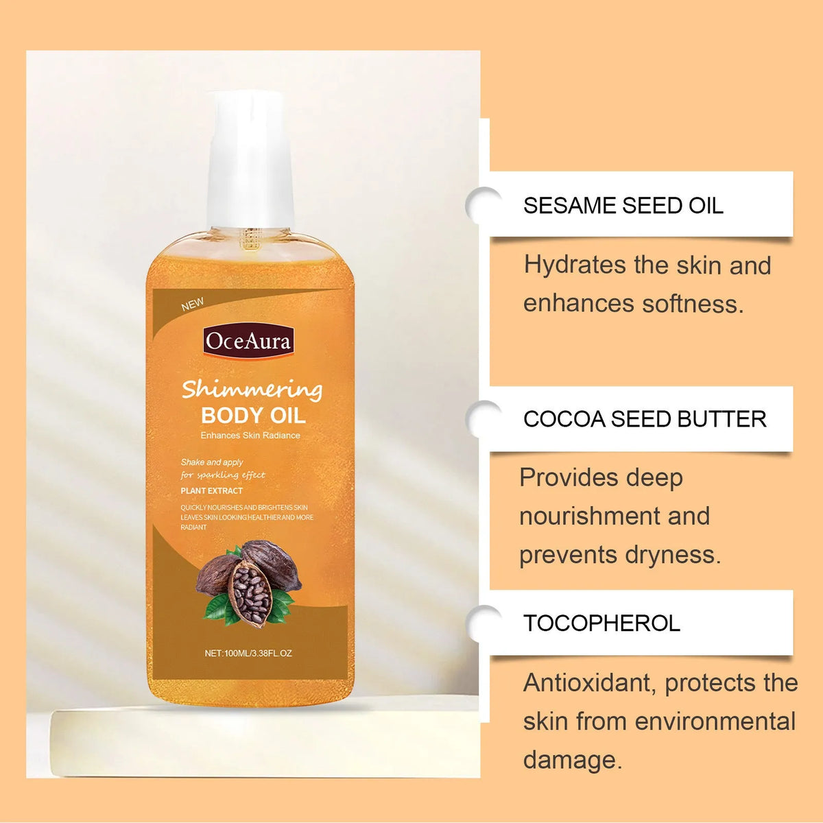 100ml shiny moisturizing body oil bottle with jojoba seed oil, vitamin E, cocoa extract and mica