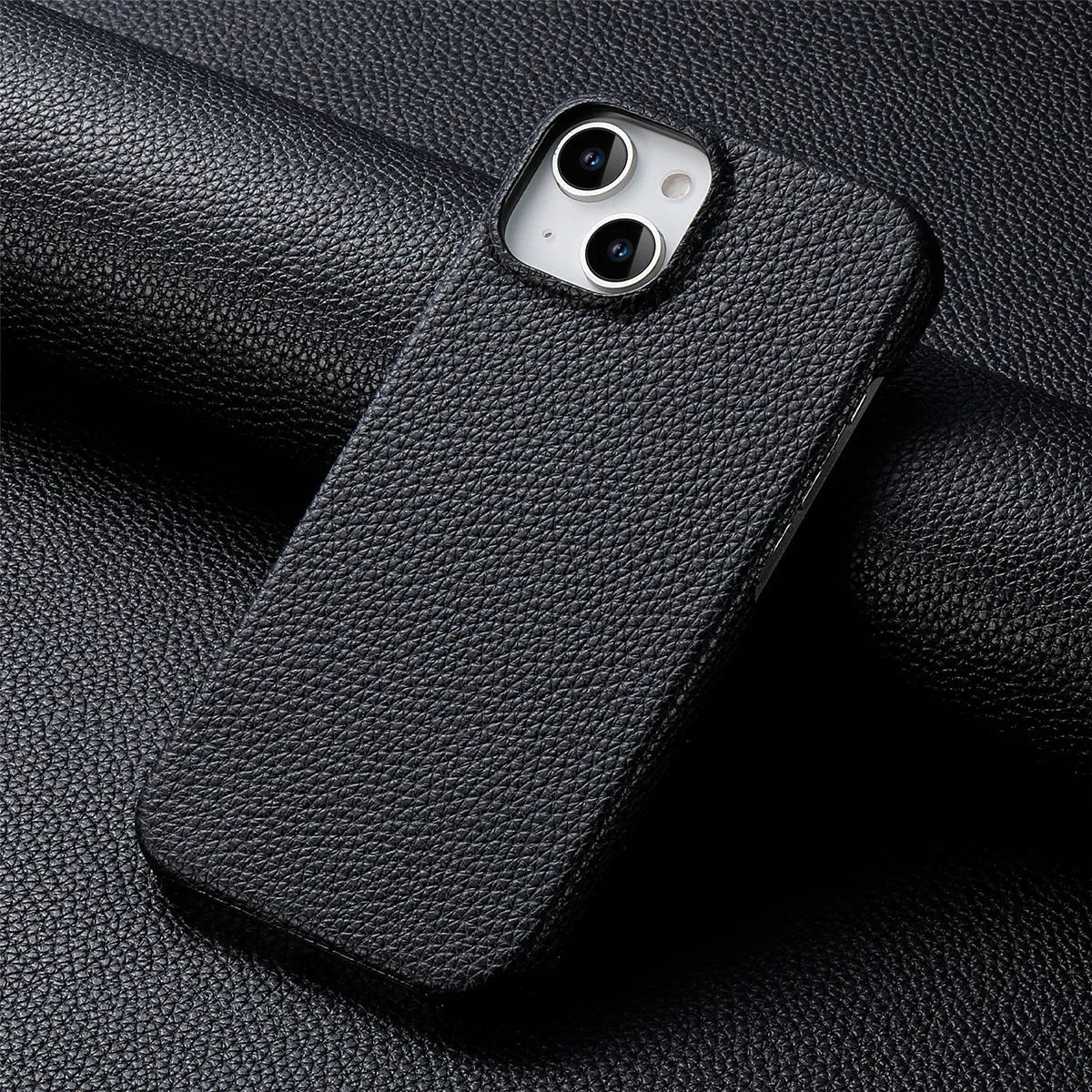PU leather litchi grain iPhone case in matcha green with airbag and electroplating details