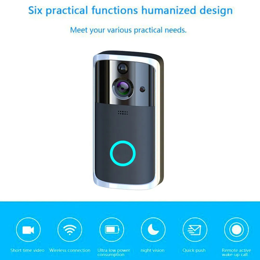 WiFi video doorbell camera in black with PCB material construction, two-way intercom, and infrared night vision