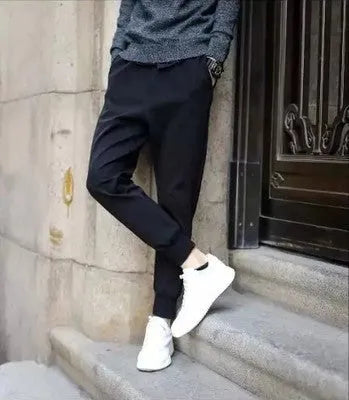 Casual sports trousers black straight leg tether closure mid waist full length