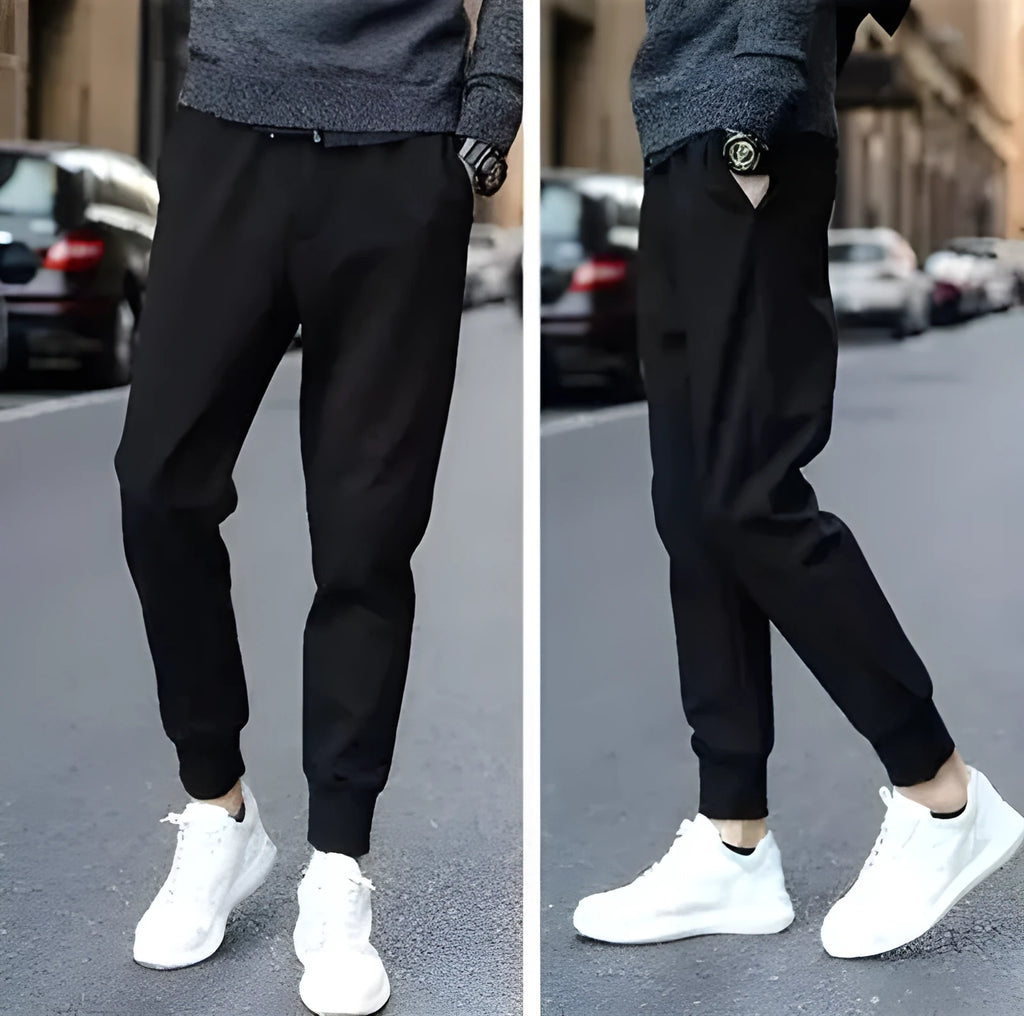 Casual sports trousers black straight leg tether closure mid waist full length