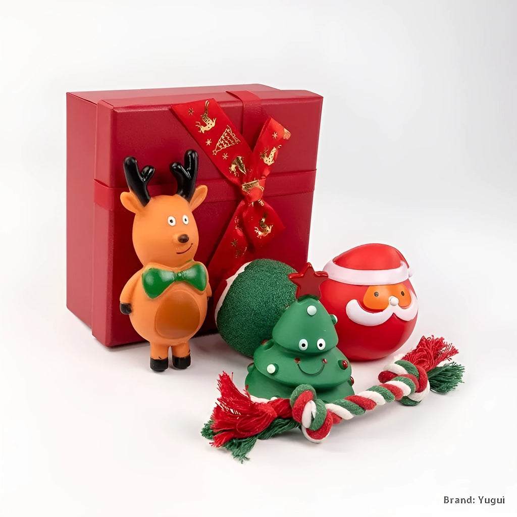 Seven Christmas vinyl dog toy gift sets with bite-resistant designs including Santa heads and holiday shapes