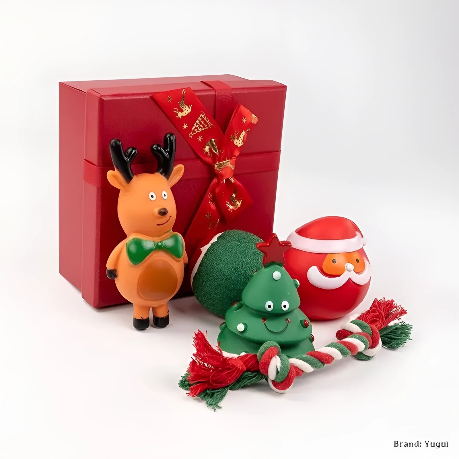 Seven Christmas vinyl dog toy gift sets with bite-resistant designs including Santa heads and holiday shapes