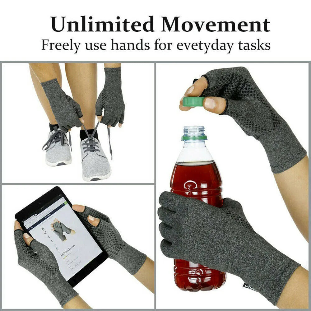 Grey half finger joint compression gloves with an anti-slip texture on the palm.