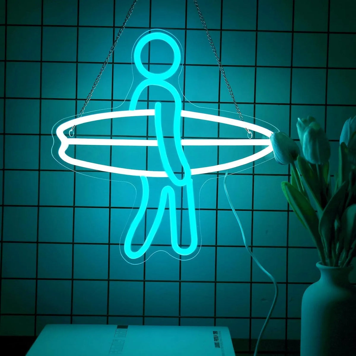 Abstract surfer neon sailboat acrylic plate wall decoration with 5V power and IP65 rating.