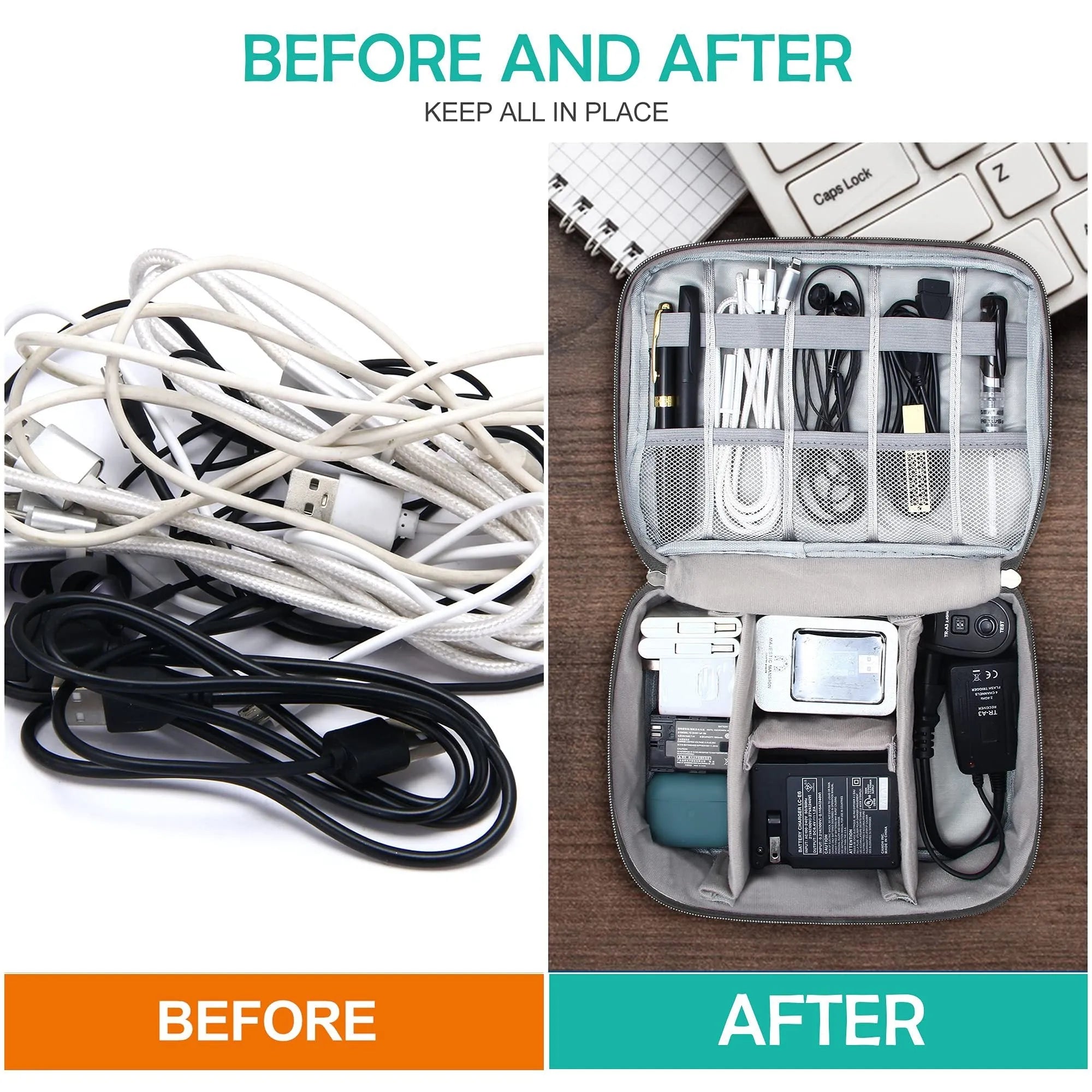 Black travel cable organiser bag with removable dividers and mesh pockets for electronic accessories