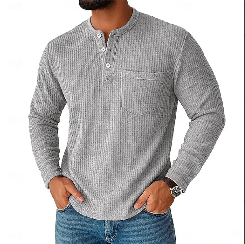 Men's long sleeve Henley shirt casual jacket with collar button front in light gray colour