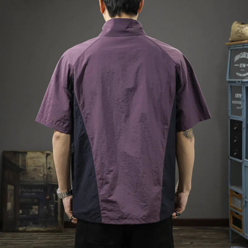 Brown men's short sleeve shirt with half-zip stand collar, made from ice silk fabric.