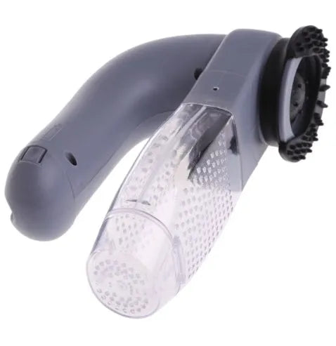 Grey portable pet hair vacuum cleaner with soft rubber head for grooming dogs and cats.