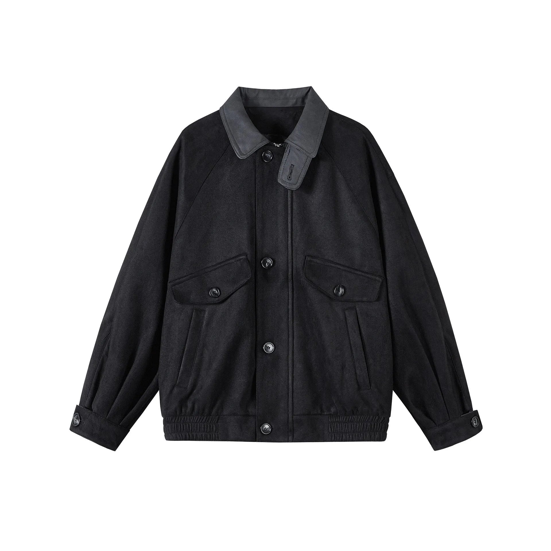 Men's retro suede stitching tooling polo collar jacket in black, long sleeve, no hood, front view