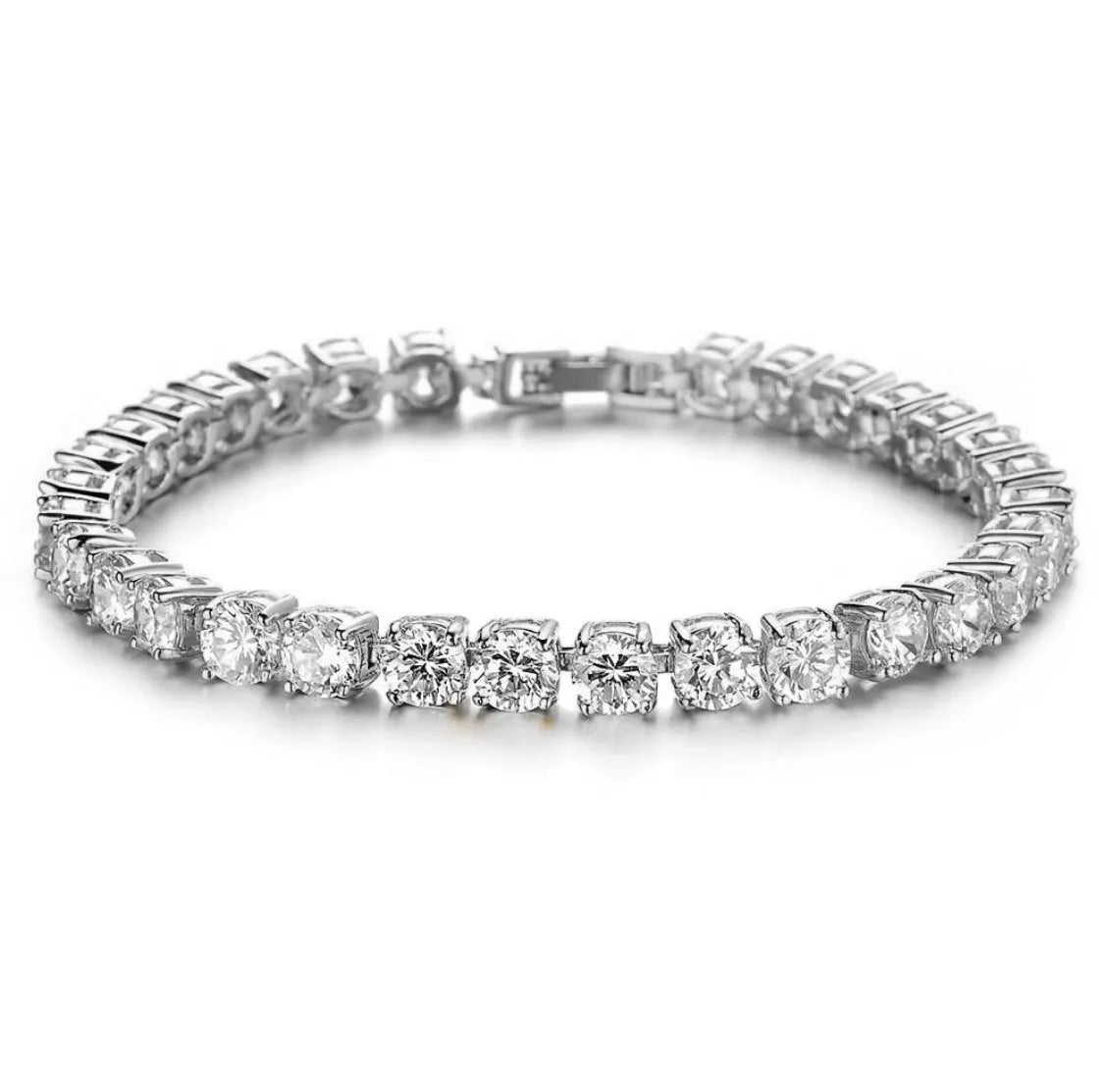 Men's silver alloy hip hop bracelet with a single row of clear rhinestones and geometric zirconia charms on a link chain.