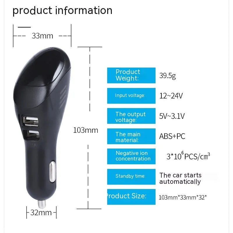 White car USB charger with negative ion purifier showing compact dimensions