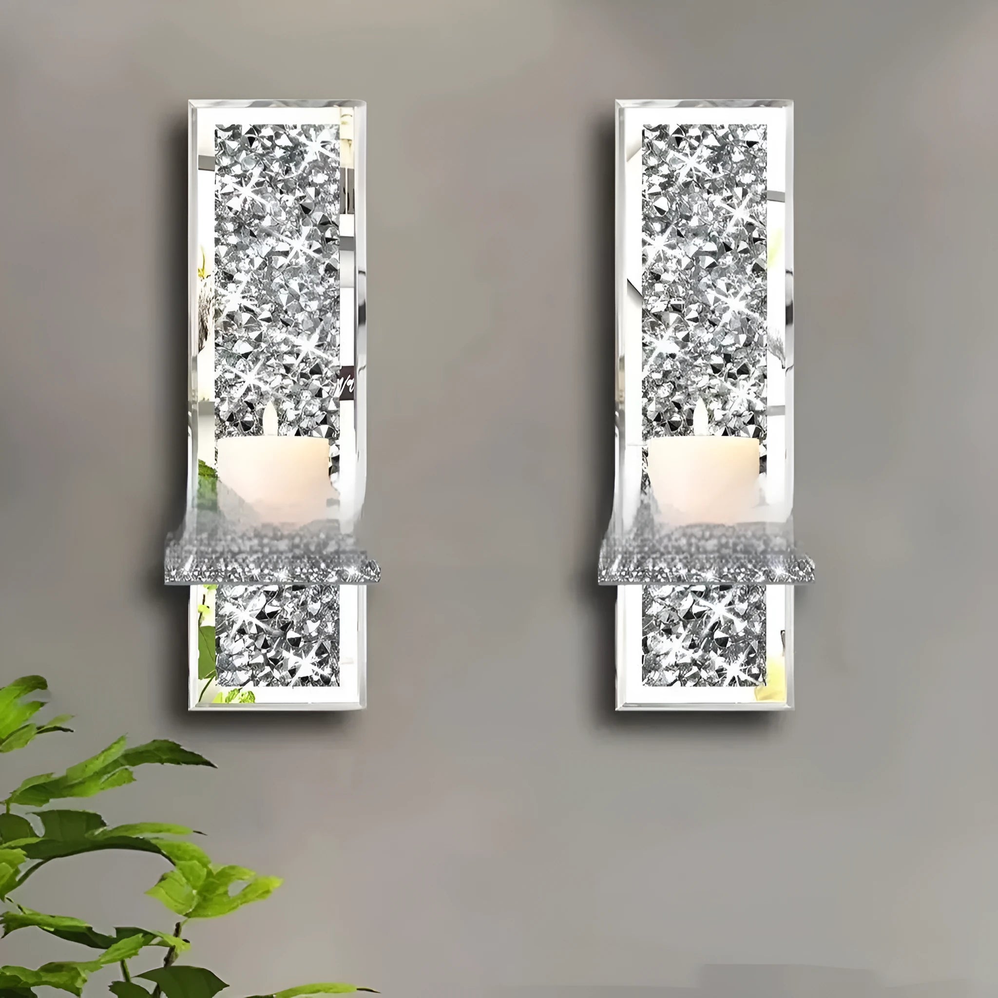 Pair of silver mirror glass candle holders for wall mounting, modern design