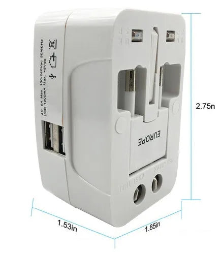 Compact universal travel plug adapter for international sockets, dimensions 73mm by 50mm by 39mm
