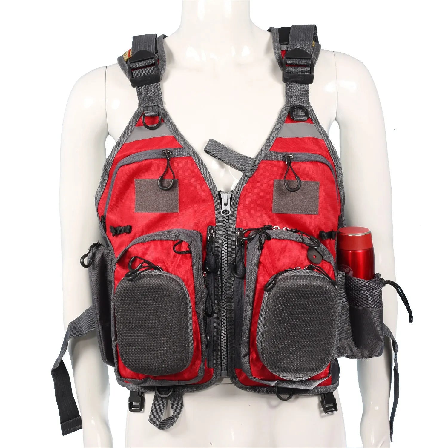 Grey fishing life jacket with multiple pockets and reflective strips showing removable foam buoyancy inserts
