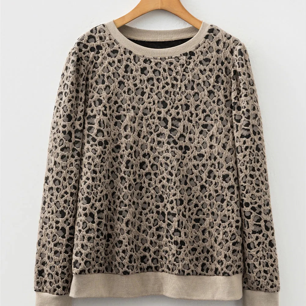 Women's leopard print slim fit pullover top, gray and khaki colour options