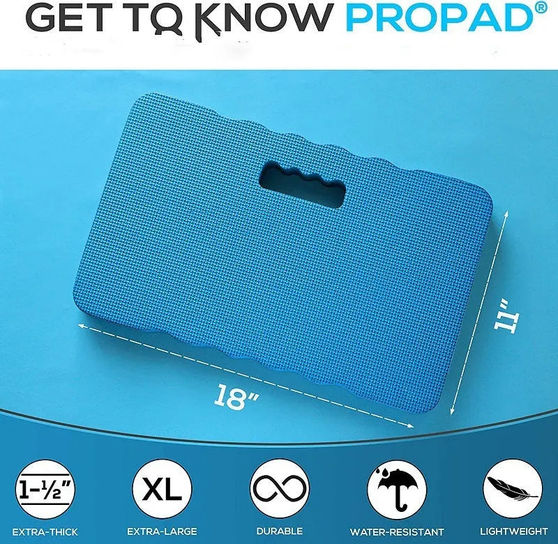 EVA foam garden kneeler cushion mat in blue, showing dimensions for kneeling comfort.