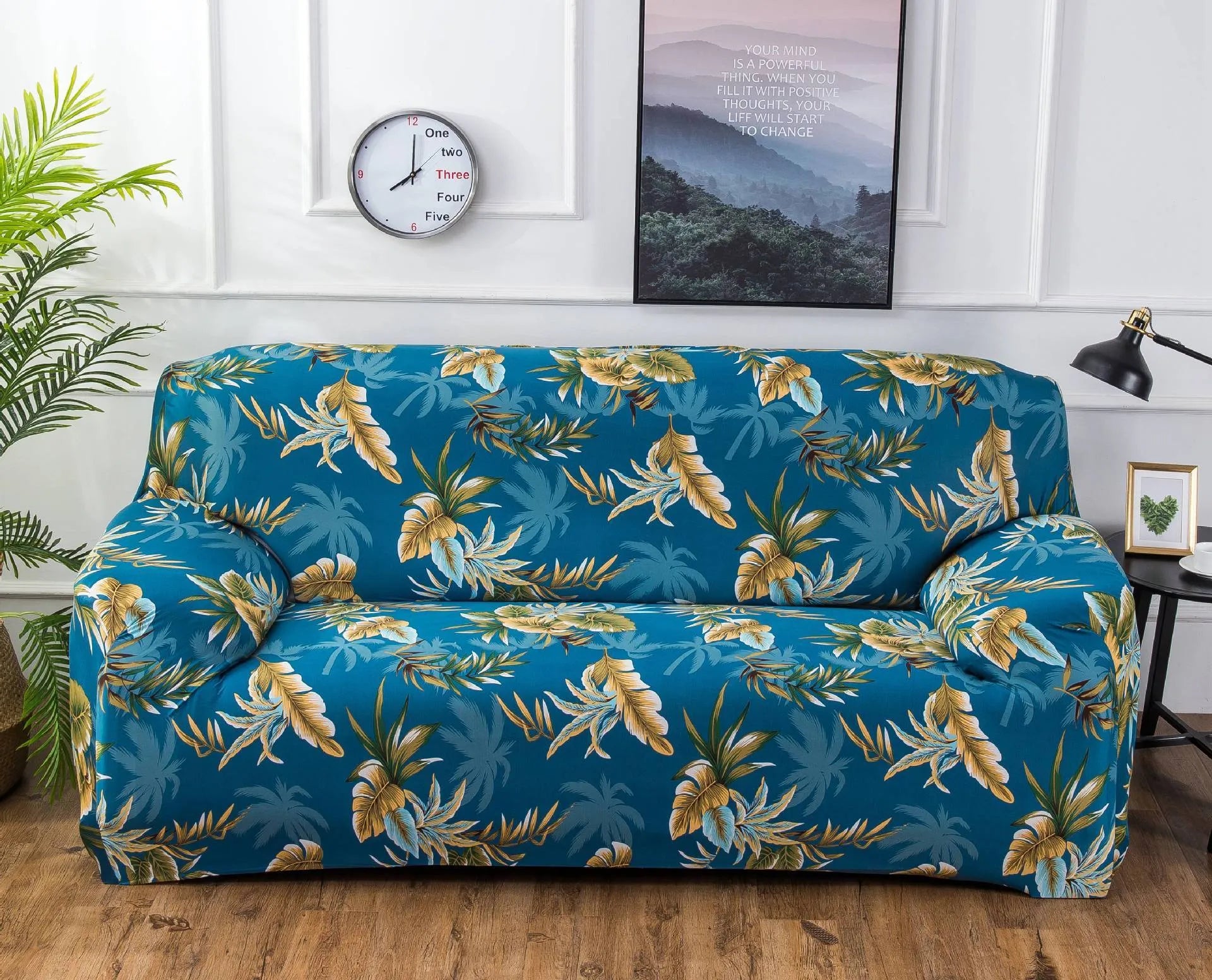 Printed geometric stretch sofa slipcover on double seat sofa in modern simplicity style