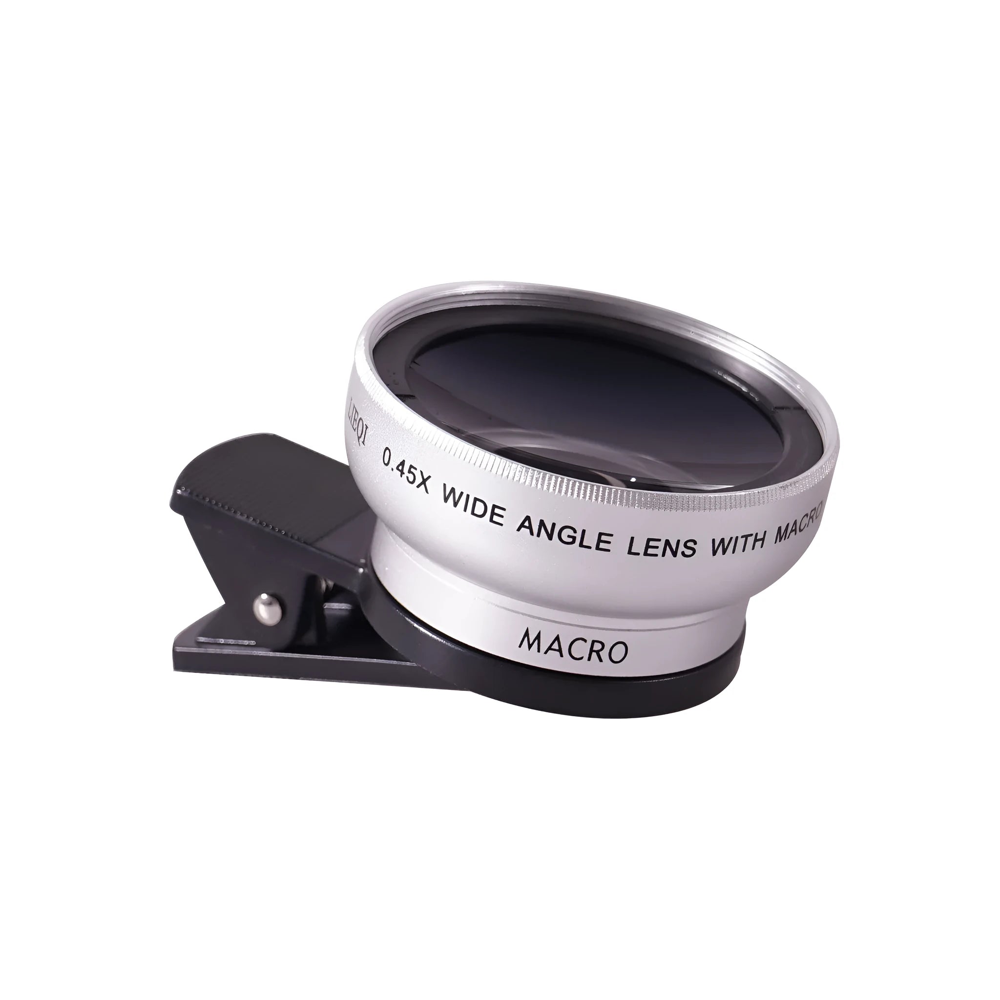 LIEQI external wide-angle and macro smartphone camera lens in metal housing.