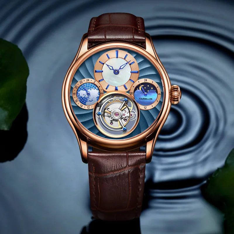 Hollow automatic men's business mechanical watch with sapphire crystal glass, leather strap, stainless steel butterfly clasp, round dial
