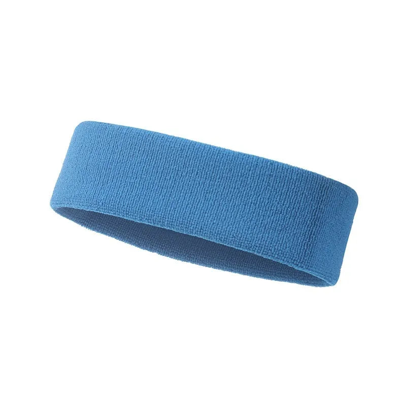Elastic anti-sweat sports headband in solid colours: black, red, blue, rose red, and sky blue.