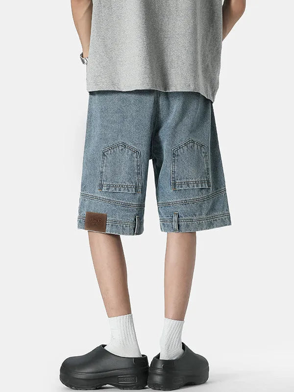 Men's blue loose straight Bermuda denim shorts with mid waist, cotton main fabric, sizes M to 5XL