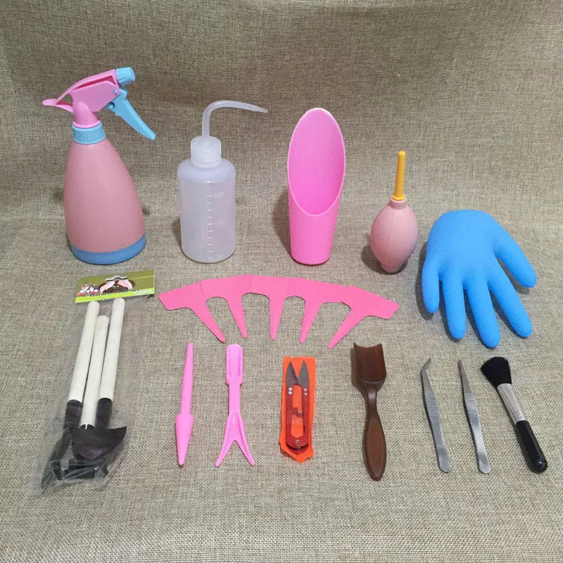 14-piece succulent gardening tool set showing watering can, mini shovels, tweezers, and soil tools for indoor plant care