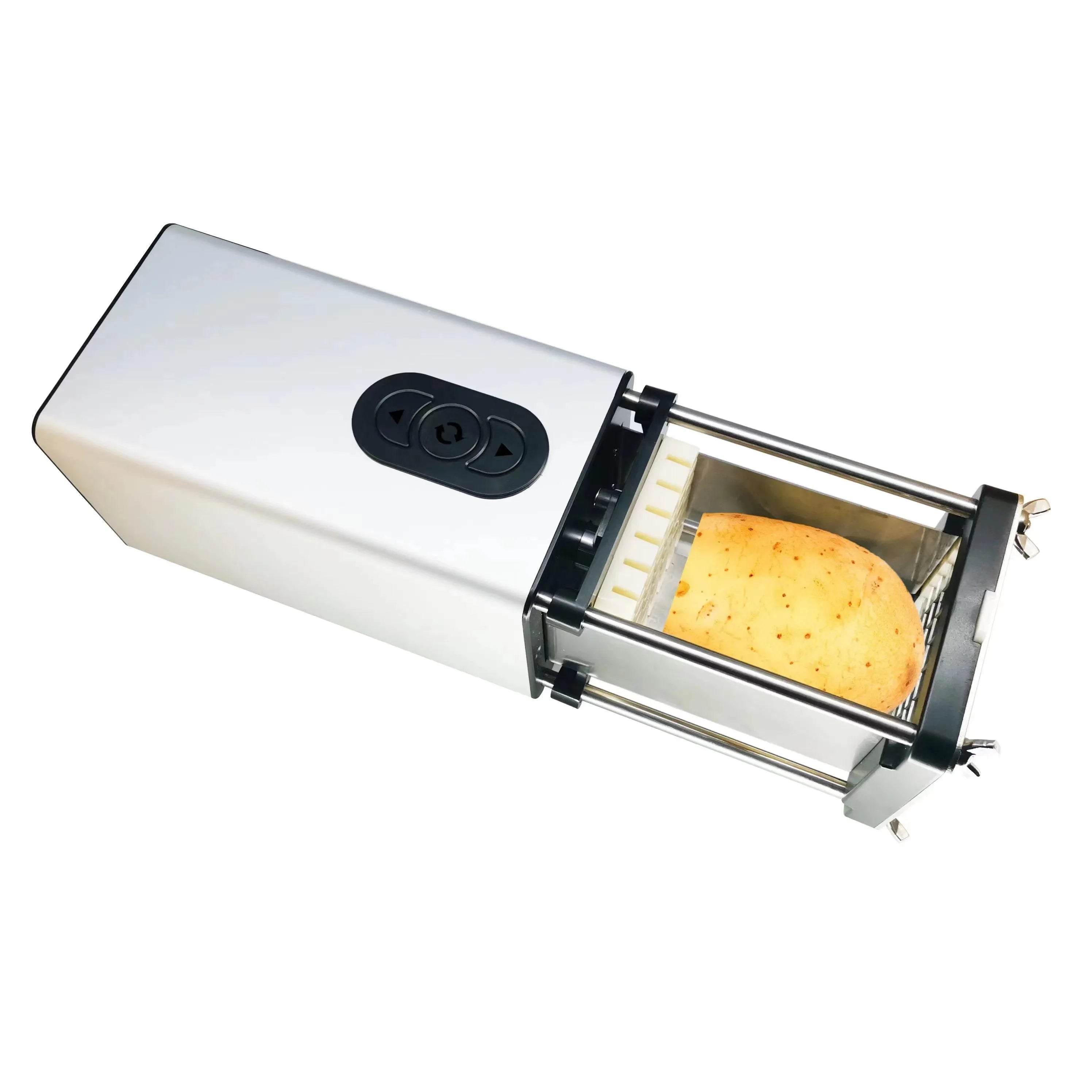 Black electric french fry cutter with stainless steel blades for cutting vegetables into bars