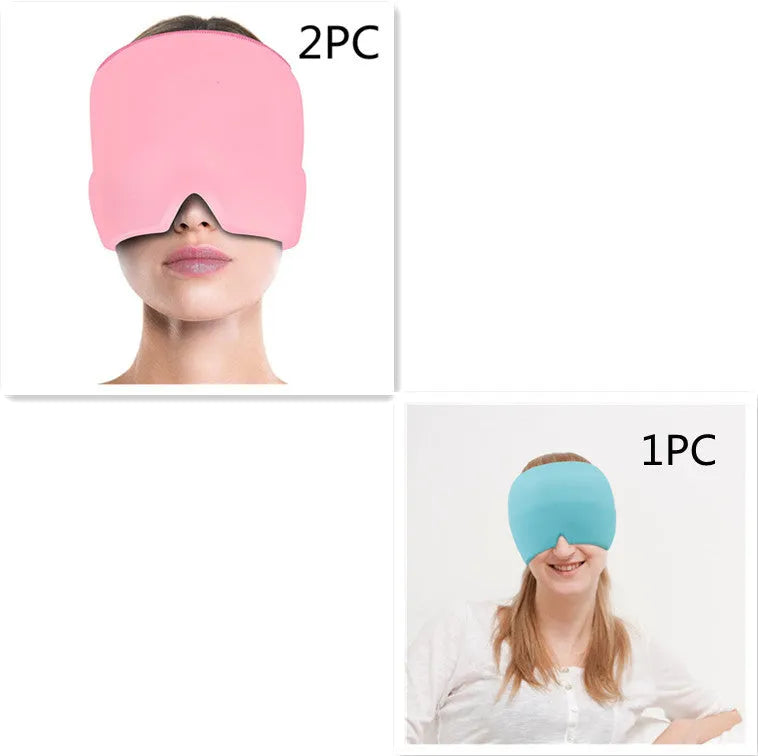Black elastic cloth gel ice headache relief eye mask showing adjustable headband and cooling gel construction