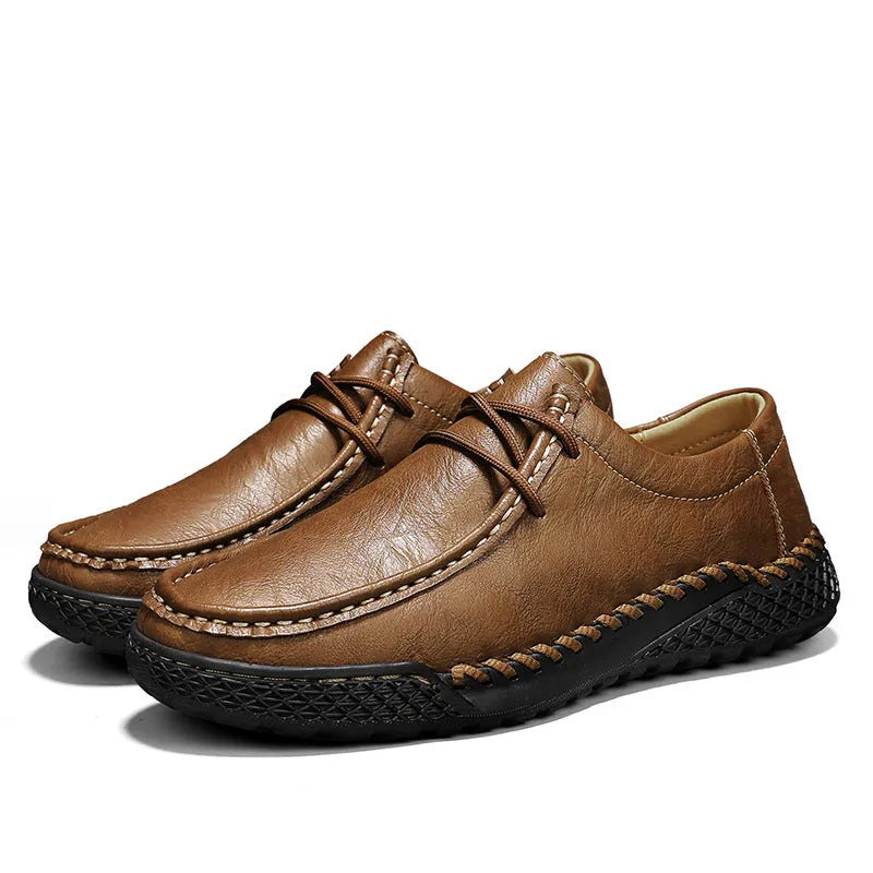 Men's genuine leather casual lace-up shoes in black with rubber sole and round toe