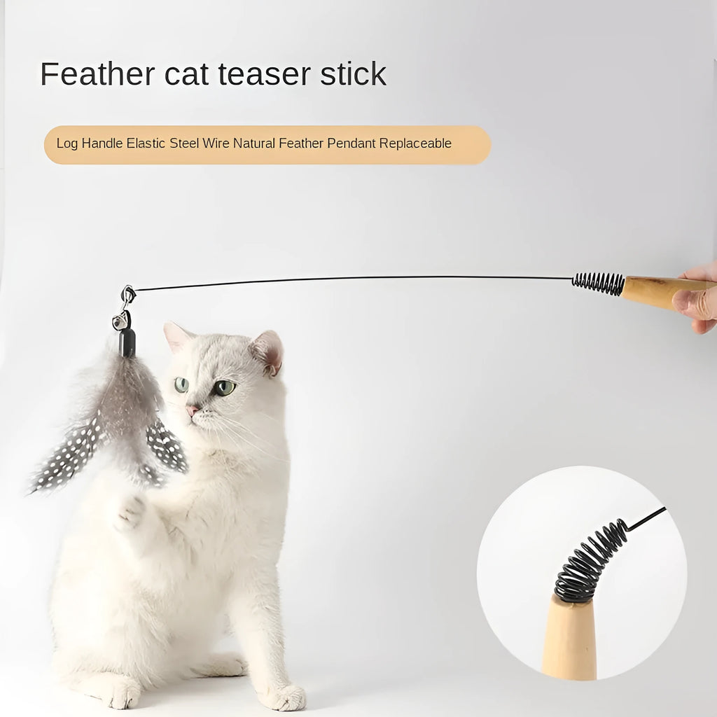 Wooden handle cat teasing stick with feather bell on spring for interactive play