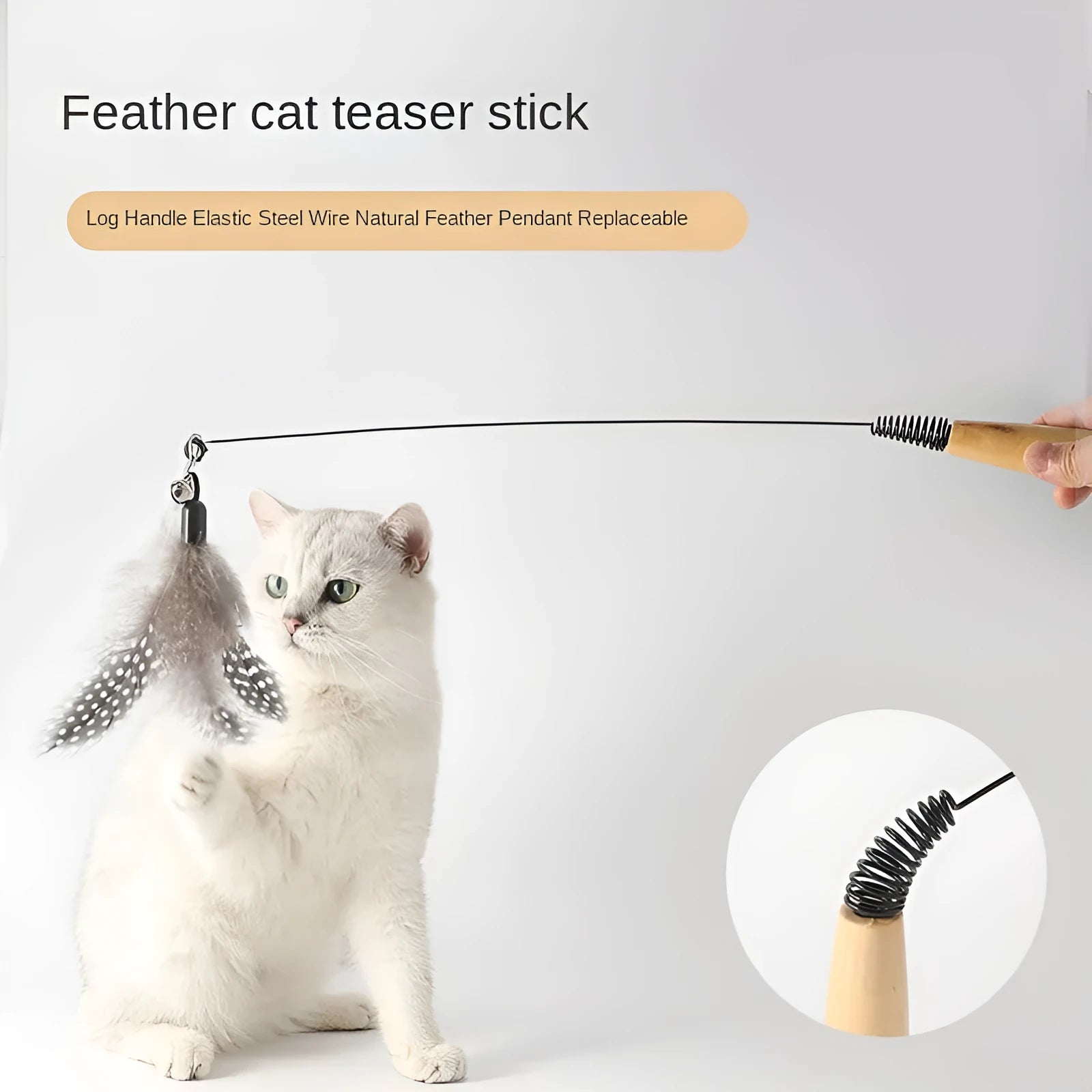 Wooden handle cat teasing stick with feather bell on spring for interactive play