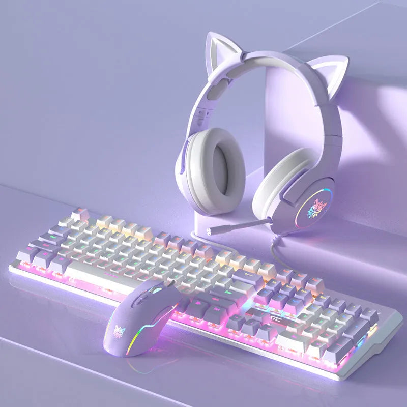 Purple and white mechanical keyboard and mouse set with backlit keys