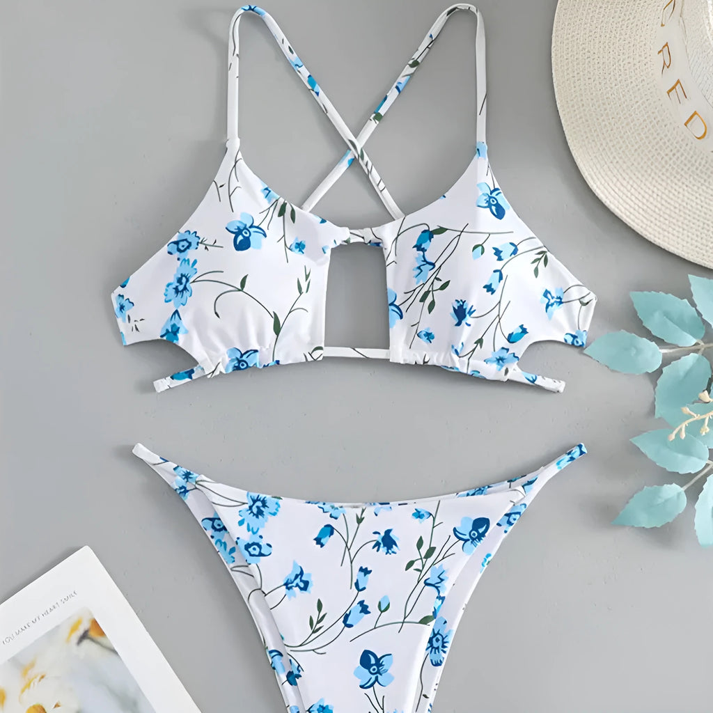 Women's floral pattern swimsuit with tie-neck triangle top and matching shorts