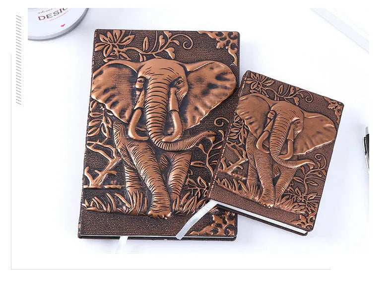PU leather A5 notebook with three-dimensional embossed cover and bronze highlights, open to beige pages